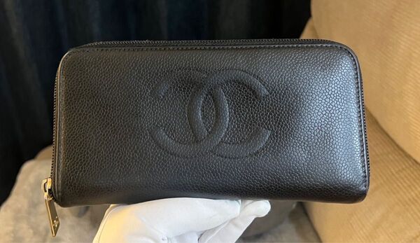 正規品 CHANEL ラウンドファスナー 長財布 キャビアスキン 黒