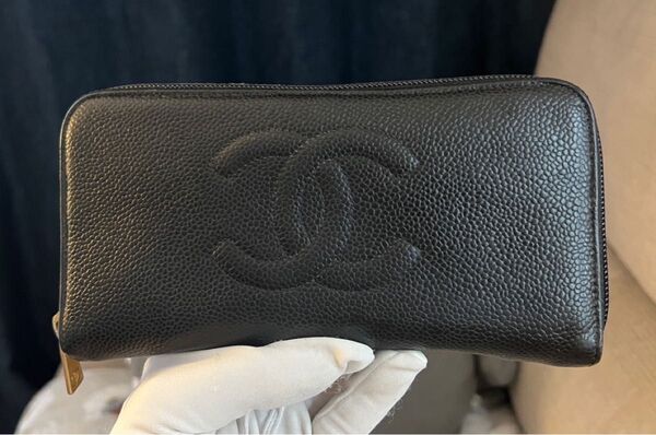正規品 CHANEL ラウンドファスナー 長財布 キャビアスキン 黒