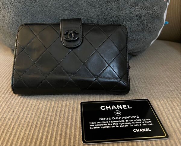 正規品 CHANEL シャネル ココマーク マトラッセ 2つ折り財布 カーフスキン ブラック