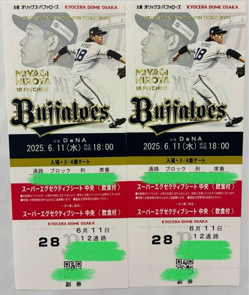 6/11(水) 18:00 京セラドーム オリックスvs DeNA スーパーエグゼクティブシート中央 (飲食付)2枚