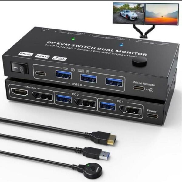 AIMOS デュアルモニター USB3.0 KVM 切替器 2入力2出力 8K30Hz 4K60Hz コピーモード 拡張モード