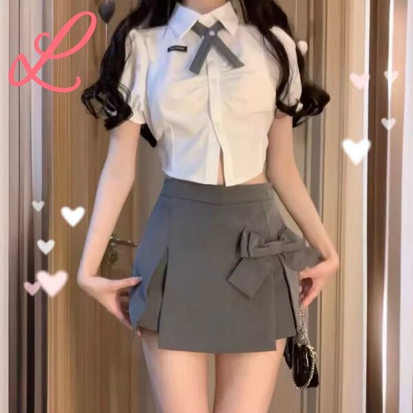 セットアップ りぼん コスプレ ミニスカパン L 地雷系 おそろコーデ 上下セット 制服風 量産系 かわいい スクール 学生 JK