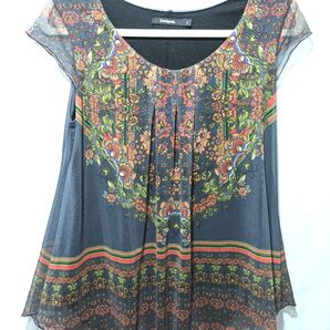 Desigual デシグアル メッシュ ノースリーブ フレンチ カットソー トップス S グレー