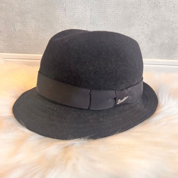 【美品】ボルサリーノ Borsalino 中折れウールハット 帽子 ロゴ刺繍 ハット