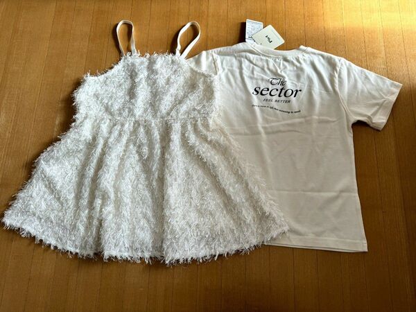 未使用タグ付き 女の子 130 Piet バックプリント半袖Tシャツ&フェザーキャミチュニックセット ピエット オフホワイト 白