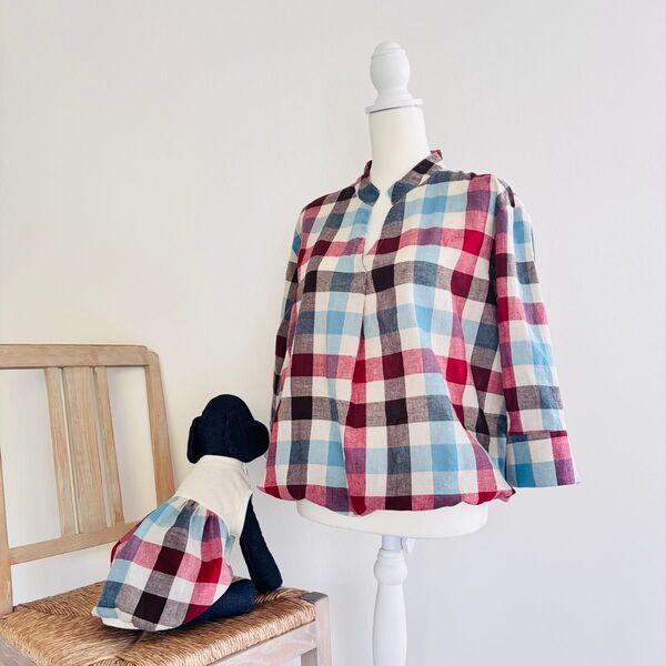 七分袖 バルーンブラウス カラフルチェック レディース Mサイズ ハンドメイド 愛犬とお揃い (犬服別売)