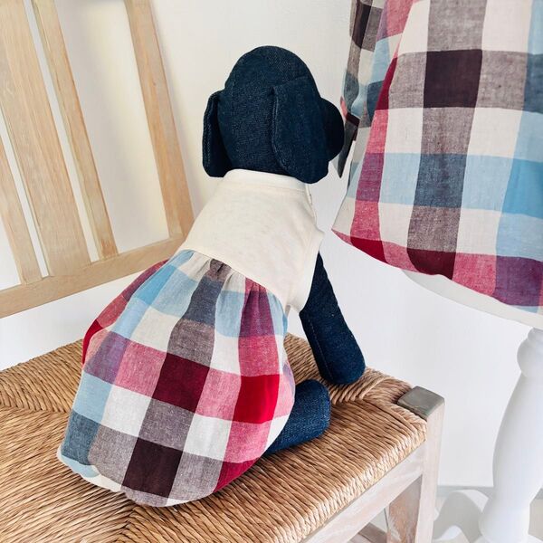 【現品限り】犬服 生成ニット×カラフルチェックバルーンワンピース
