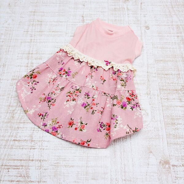 【現品限り】犬服 くすみピンク花柄 ワンピース ウエストフリル付き XXS②25
