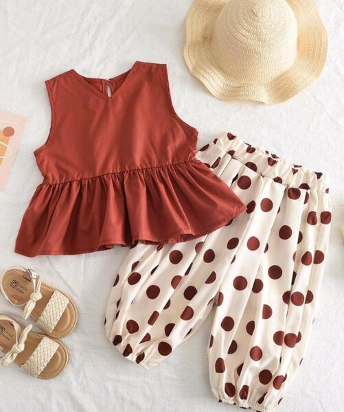 SHEIN バルーンパンツ セットアップ 上下セット キッズ 女の子 ドット レッド