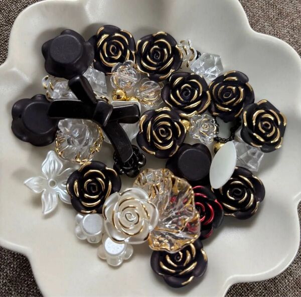 ハンドメイド パーツ バラ リボン 白黒 お花 レジン ネイル アクセサリー ミックス