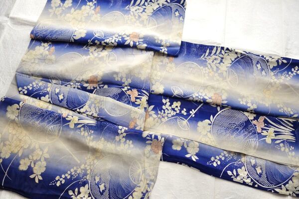 アンティーク着物 夏着物 紗 団扇に秋草 小紋