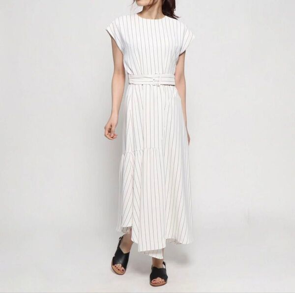 Mila owen ベルト付アシンメトリーヘムワンピース ストライプ 白 S