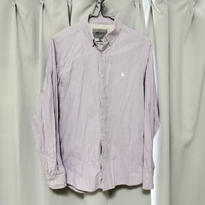 カーハート carhartt シャツ 長袖 ストライプ ロゴ 刺繍 パープル 長袖シャツ ワイシャツ XS 古着 タグ付き