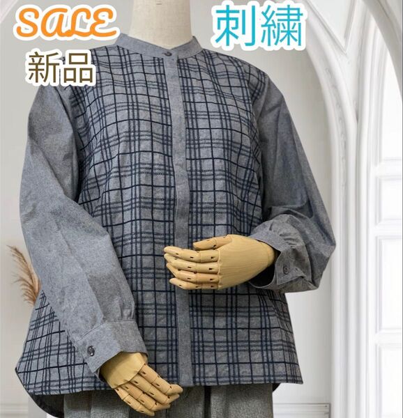 新品 SALE ゴージャス 刺繍 前開き シャツ ブラウス 長袖 しっかり 肌触り良 コットン 綿 隠ボタン ナチュラル ネイビー