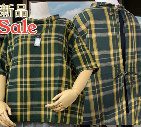 【新品】値下げ中 バック リボン 半袖 ルーズネック ドッキング チュニック ブラウス おしゃれ 可愛い ナチュラル チェック 緑