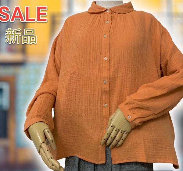 激安 新品 セール ガーゼ シワ加工 ふんわり 肌触り最高 前開き ブラウス シャツ 丸襟 コットン 100% 綿 オレンジ 長袖