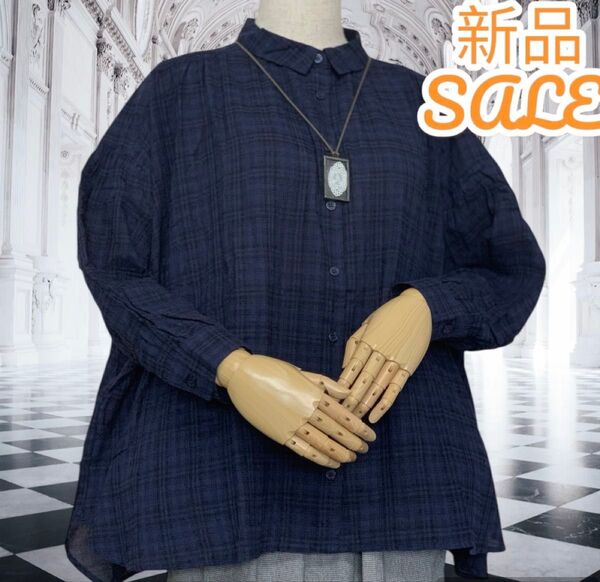 新品 超激安 ネイビー とろみ 柔らか 夏 ブラウス 長袖 チェック ナチュラル ゆるふわ エアリー