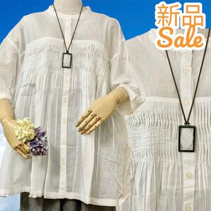 新品 激安 薄地 ドロップ袖 ピンタック チュニック 前開き 7分袖 前開き シャツ ブラウス ナチュラル ホワイト
