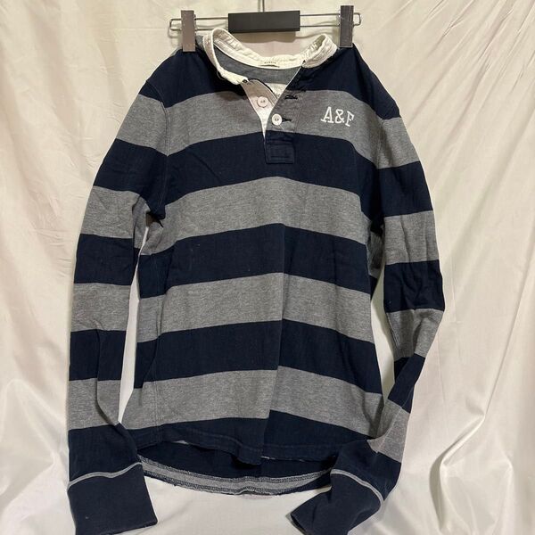 アバクロ A&F ラガーシャツ ボーダー 長袖 M ネイビーandグレー