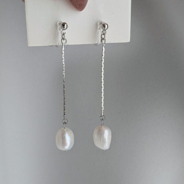 【No.155】アレルギー対応 ハンドメイド イヤリング ピアス 淡水パール ロング シンプル 一粒 艶あり バロック