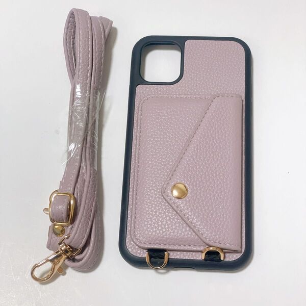 iPhone11 スマホケース スマホショルダー パープル 紫 小物入れ ラベンダーグレー ポケット付き