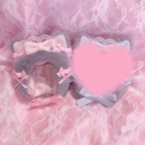 NyanNyan neko maid ぬい服 被り物 着ぐるみ にじぱぺっと おまんじゅう 10cm grey×pink