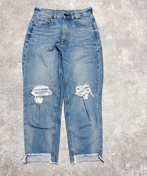 GU ハイウエスト ダメージデニム パンツ ライトブルー M