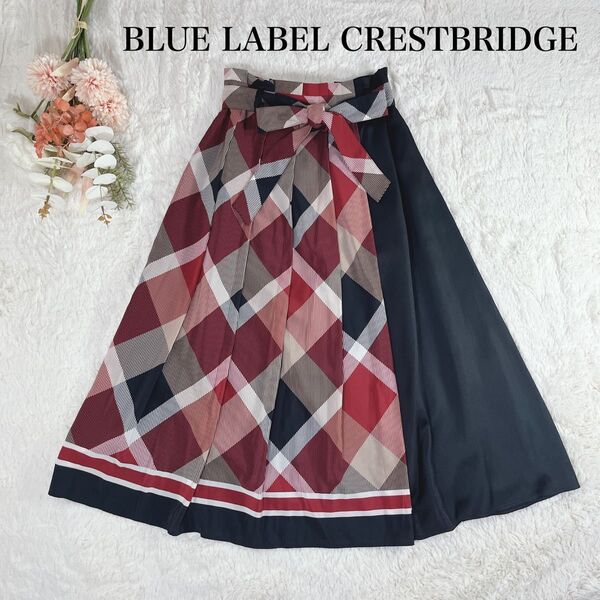 美品 BLUE LABEL CRESTBRIDGE ブルーレーベルクレストブリッジ チェックスカーフプリントスカート プリーツ