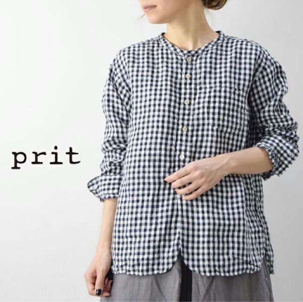 prit プリット フレンチリネン ギンガムチェック バンドカラーワイドシャツ