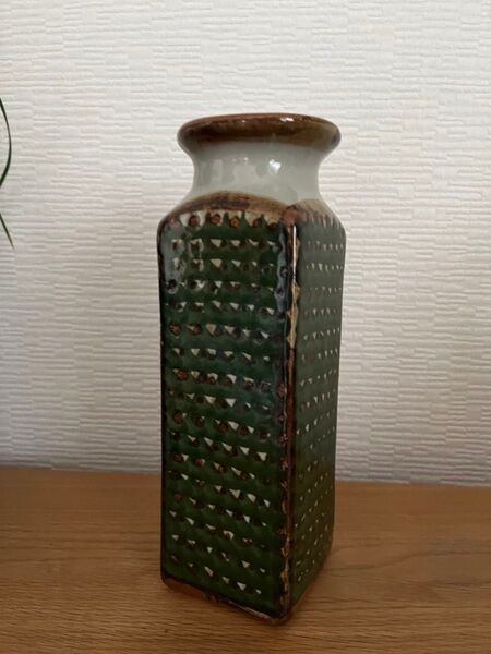 メキシコ/トナラ焼き 民芸品 フラワーベース 花瓶 グリーン/スクエア 24㎝