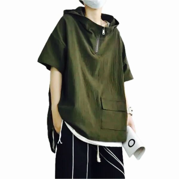 メンズ 半袖パーカー ハーフジップ Tシャツ 無地 フード カーキ