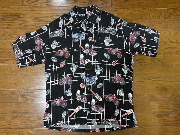90s HARLEY DAVIDSON USA製 レーヨンアロハシャツ ハワイアン バイク柄