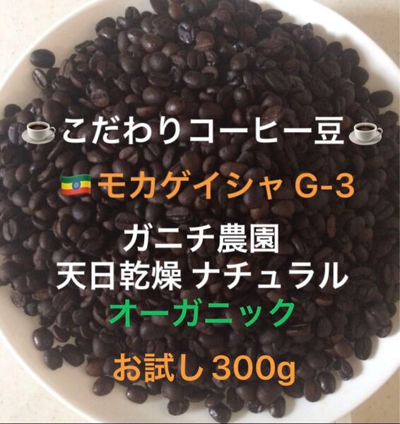 こだわりコーヒー豆 モカゲイシャ G-3 たっぷり300g 中深煎り 自家焙煎珈琲 オーガニック ナチュラル 天日乾燥