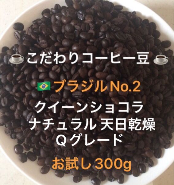 こだわりコーヒー豆 ブラジルNo.2 クイーンショコラ 中深煎り お試し300g 自家焙煎珈琲 Qグレード ナチュラル 天日乾燥
