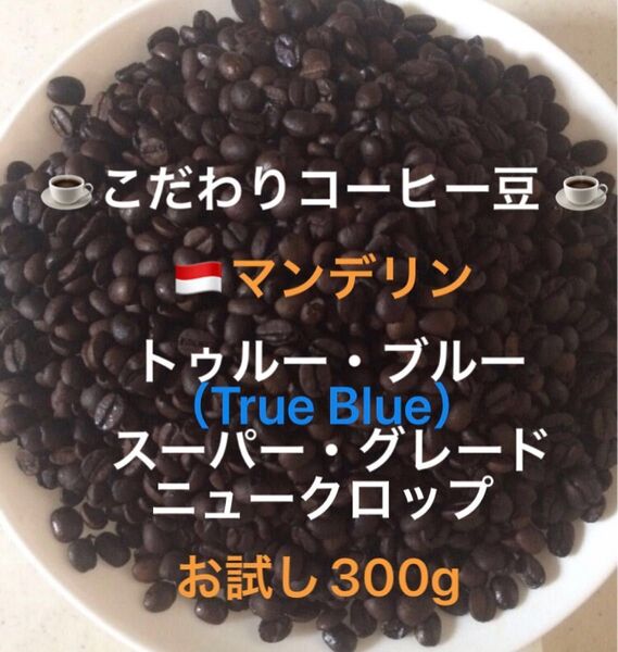 こだわりコーヒー豆 マンデリン トゥルー・ブルー 中深煎り お試し300g 自家焙煎 スーパー・グレード ニュークロップ