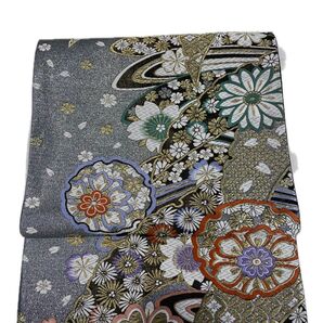 美品 袋帯 シルバー地に華やかな花柄 S 1
