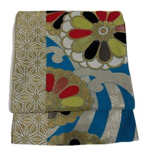 美品 振袖用袋帯 青 金 波模様 花柄 華やかS1