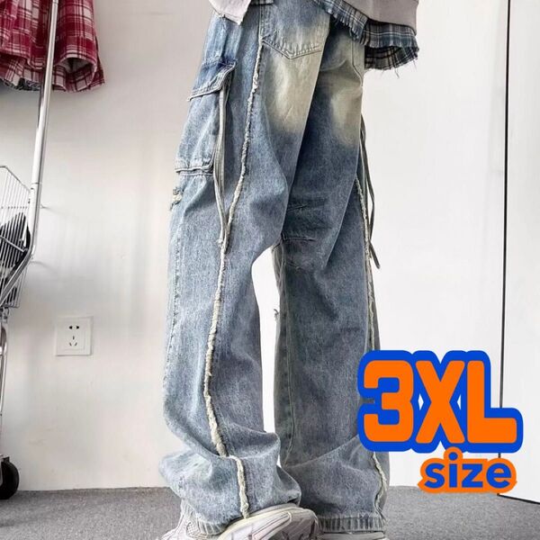 デニム メンズ パンツ ジーパン ワイド ダメージ ダボダボ ストリート ズボン