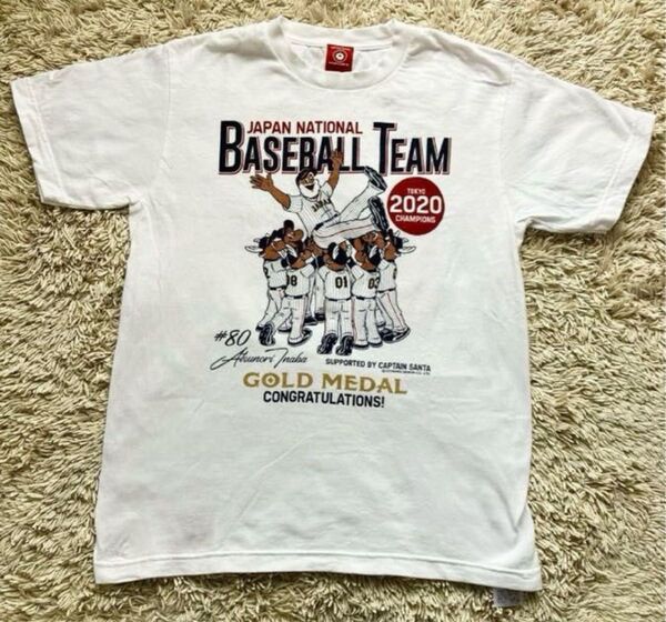 キャプテンサンタ Tシャツ 東京2020 日本代表 金メダル 記念 稲葉篤紀監督 ホワイト 白 半袖 S