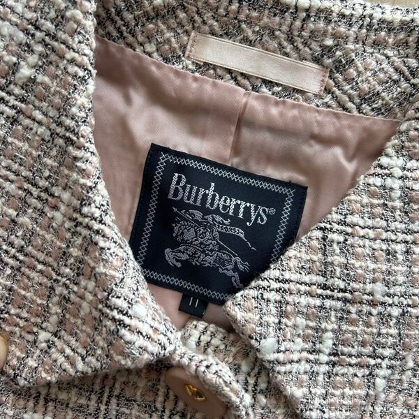バーバリー Burberry ビンテージ レトロ スカートジャケットセットアップ スーツ上下 ツイード 薄ピンク クリーニング済み