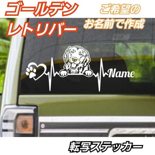 【AタイプSサイズ白】ご希望のお名前で作成 心電図 ゴールデン 転写ステッカー