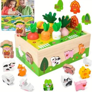木製 型合わせ 野菜パズル 指先レッスン 知育玩具 ニンジン抜き 農場形合わせ
