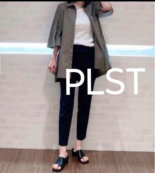 PLUS STYLE プラステ スティックパンツ リネンブレンド ネイビー Lサイズ 麻混