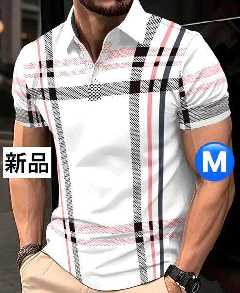 【新品/Mサイズ】ゴルフウェア 半袖 ポロシャツ メンズ Vネック チェック柄