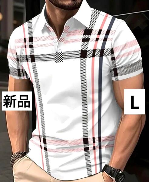 【新品/Lサイズ】ゴルフウェア 半袖 ポロシャツ メンズ Vネック チェック柄