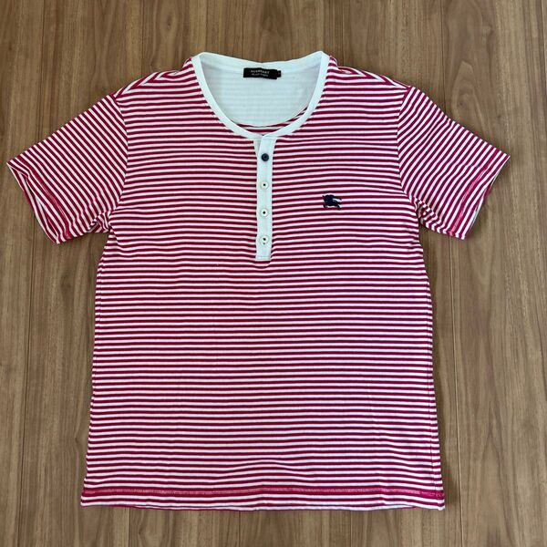BURBERRY BLACK LABEL ボーダー柄 ヘンリーネック Tシャツ レッド Lサイズ