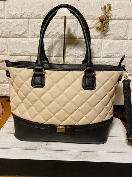 バイカラー リボン トートバッグ 2WAY