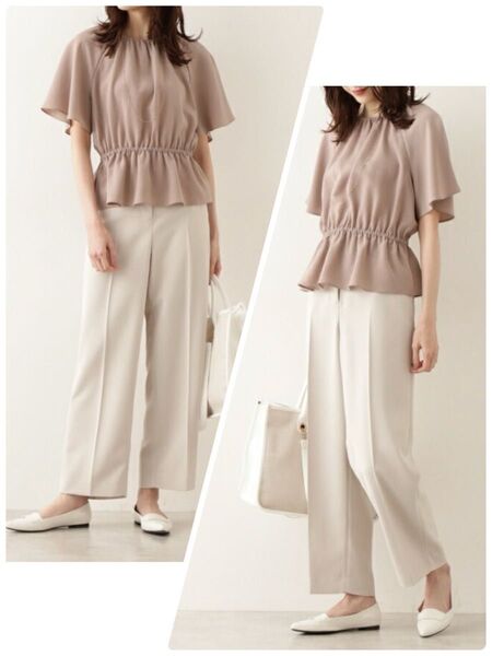 ★美品★レディース NATURAL BEAUTY BASIC ハイツイストべネストレートワイドパンツ sizeS ベージュ