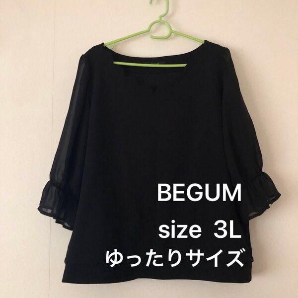 ブラウス BEGUM 3L トップス ブラック系 ゆったり 大人可愛い 上品 春夏 y115