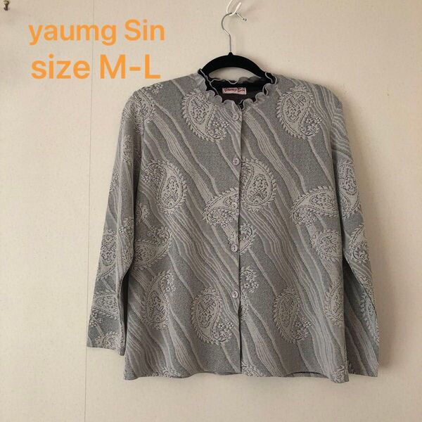 カーディガン ブラウス yaumg Sin トップス M〜L ペーズリー柄 グレー系 伸縮性 上品 春夏秋 y125